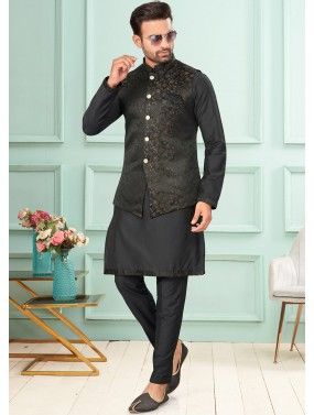 Black Kurta & Pajama With Woven Nehru Jacket