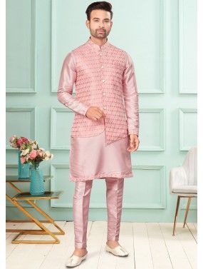 Pink Mens Kurta Pajama & Woven Nehru Jacket