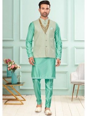 Mint Green Kurta Pajama & Woven Nehru Jacket