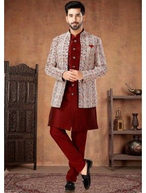 Readymade Mens Silk Indowestern Sherwani & Jacket In Red