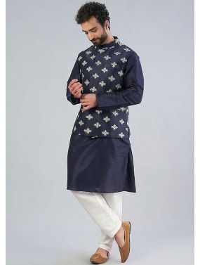 Navy Blue Kurta Pajama & Embroidered Nehru Jacket