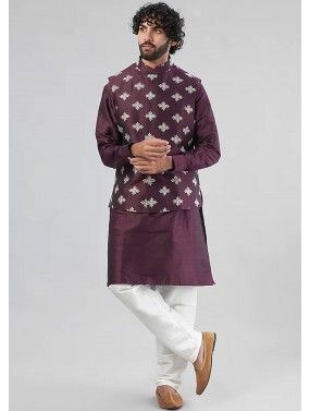 Wine Kurta Pajama With Embroidered Nehru Jacket