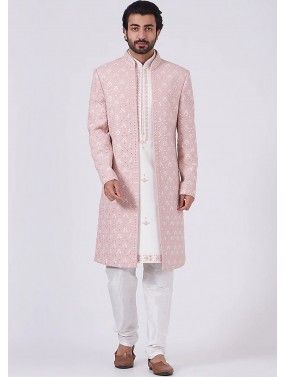 Pink Embroidered Mens Sherwani Set