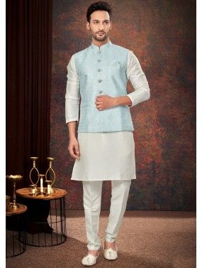 White Woven Kurta Pajama With Nehru Jacket