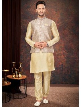 Golden Woven Kurta Pajama With Nehru Jacket