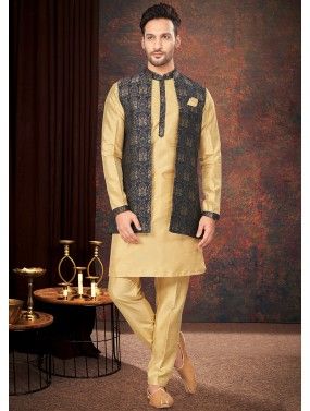 Golden Woven Kurta Pajama With Nehru Jacket