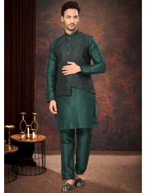 Green Woven Kurta Pajama With Nehru Jacket