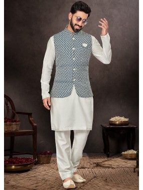 Off White Readymade dupion Silk Kurta Nehru Jacket & Pajama In Plain