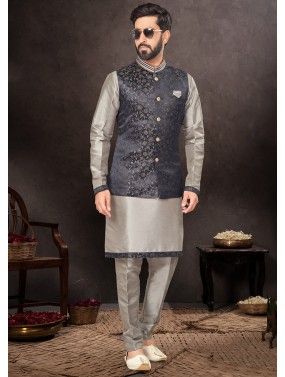 Readymade Dupion Silk Mens Nehru Jacket & Kurta Pajama In Grey