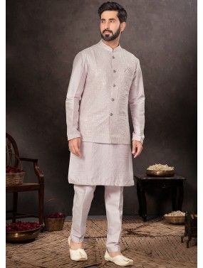 Off White Readymade Mens Dupion Silk Kurta Pajama & Nehru Jacket