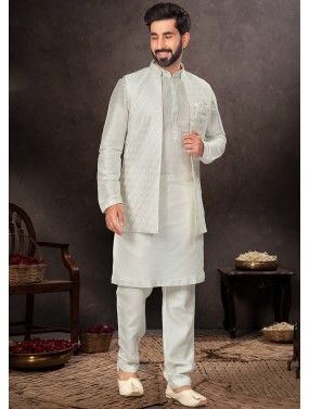 Off White Readymade Mens Kurta Pajama & Nehru Jacket In Dupion Silk