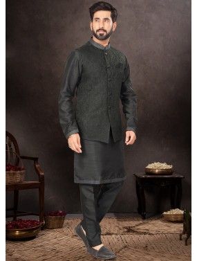 Black Readymade Nehru Jacket Style Mens Kurta Pajama In Dupion Silk