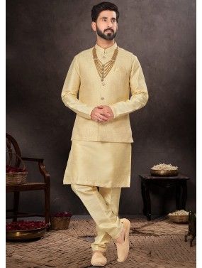 Dupion Silk Mens Readymade Nehru Jacket And Kurta Pajama In Golden