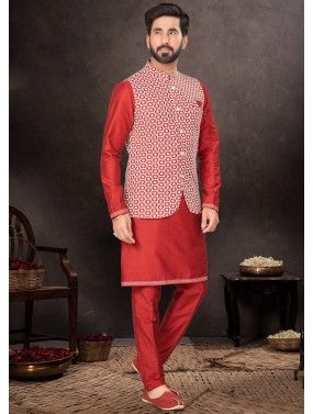 Red Readymade Plain Mens Dupion Silk Kurta Pajama & Nehru Jacket