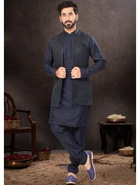 Readymade Nehru Jacket Style Mens Kurta Pajama In Navy Blue