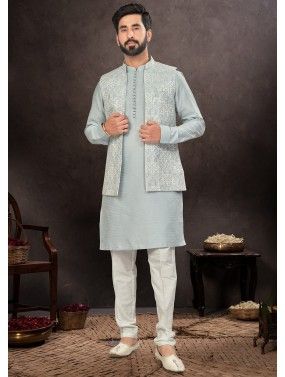 Pastel Blue Plain Mens Readymade Kurta Pajama & Nehru Jacket
