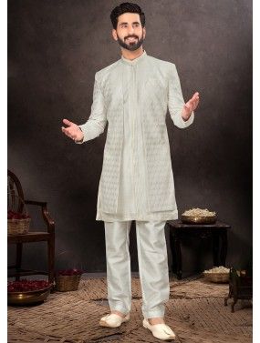 White Readymade Mens Art Silk Jacket Style Sherwani Suit