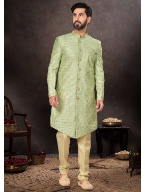 Green Readymade Jacquard Sherwani Set In Sequins Embellishment