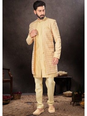 Golden Readymade Jacquard Sherwani Set In Jacket Style