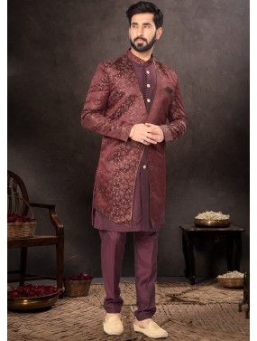 Maroon Readymade Jacquard Indowestern Jacket Style Sherwani Set