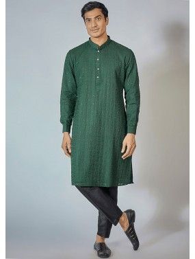 Green Embroidered Readymade Cotton Mens Kurta Pajama