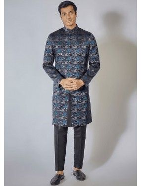 Blue Readymade Mens Digital Printed Sherwani Suit In Silk