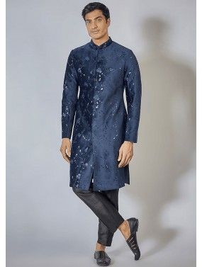Blue Readymade Mens Embroidered Velvet Sherwani Set