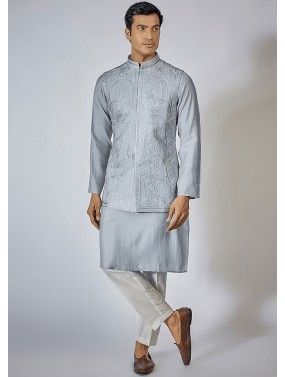 Grey Readymade Mens Nehru Jacket & Kurta Pajama In Silk