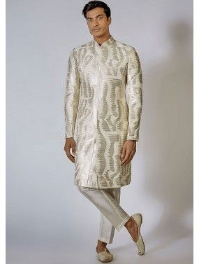 Off White Embroidered Readymade Mens Silk Sherwani