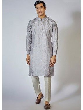 Grey Embroidered Readymade Cotton Mens Kurta Pajama