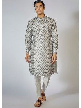 Grey Readymade Cotton Mens Kurta Pajama In Digital Print