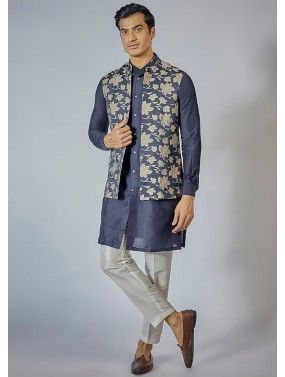 Blue Readymade Mens Nehru Jacket & Kurta Pajama In Silk