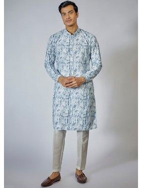 Light Blue Readymade Mens Embroidered Kurta Pajama In Cotton