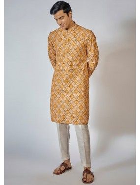 Yellow Printed Readymade Cotton Mens Kurta Pajama
