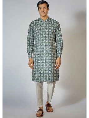 Grey Digital Printed Readymade Cotton Mens Kurta Pajama