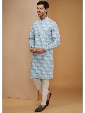 Blue Embroidered Readymade Mens Kurta Pajama In Art Silk