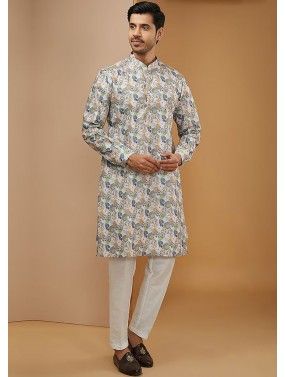 White Floral Printed Readymade Mens Kurta Pajama In Dupion Silk