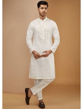 White Art Silk Readymade Mens Kurta Pajama In Thread Embroidery