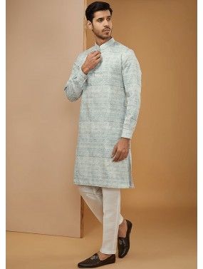 Readymade Embroidered Mens Art Silk Kurta Pajama In Light Blue