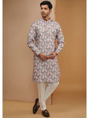 Multicolor Readymade Mens Dupion Silk Kurta Pajama In Digital Print