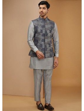 Grey Silk Embroidered Readymade Mens Kurta Pajama & Nehru Jacket