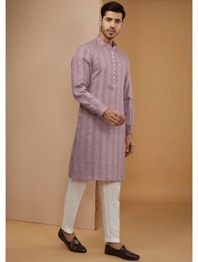 Lavender Embroidered Readymade Mens Kurta Pajama In Cotton