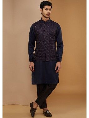Blue Embroidered Readymade Mens Kurta Pajama & Nehru Jacket In Silk