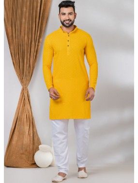 Readymade Embroidered Rayon Mens Kurta Pajama In Yellow