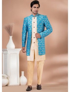 Cream & Blue Woven Indo Western Sherwani Set