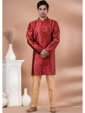 Red Woven Asymmetric Indo Western Sherwani For Men