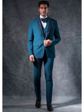 Readymade Blue Embroidered Tuxedo Set For Mens