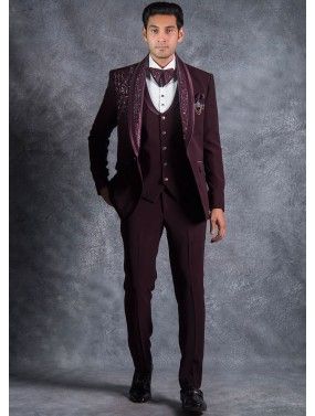 Wine Embroidered Tuxedo Set For Mens