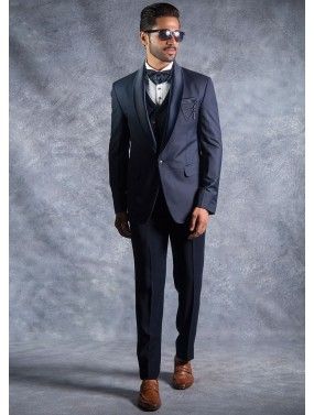 Navy Blue Readymade Embroidered Tuxedo Suit