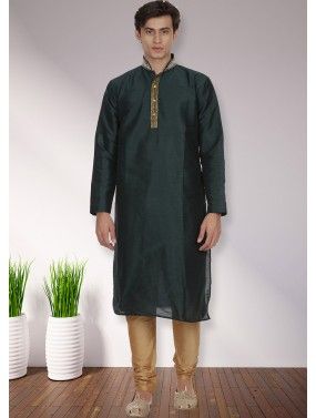 Green Readymade Dupion Silk Mens Plain Kurta Pajama